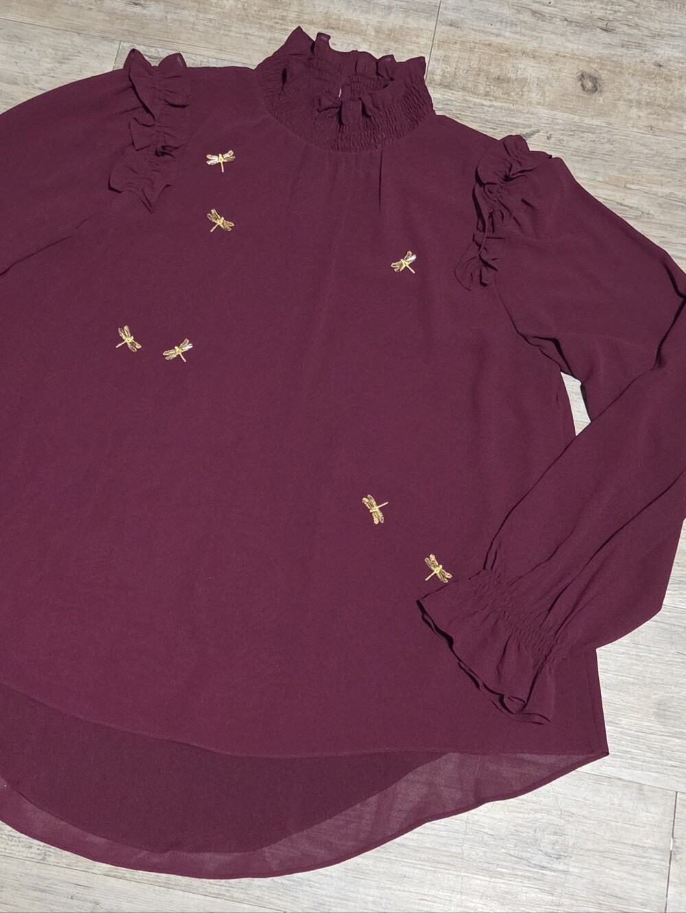 Ted Baker London Lohla Dragonfly Ruffle Top Burgundy Wine Size 3 US 8